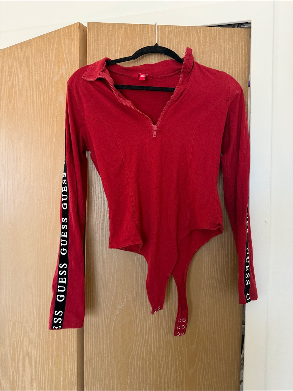 Guess Red Zip-Front Long Sleeve Bodysuit with Branded Sleeve Tape